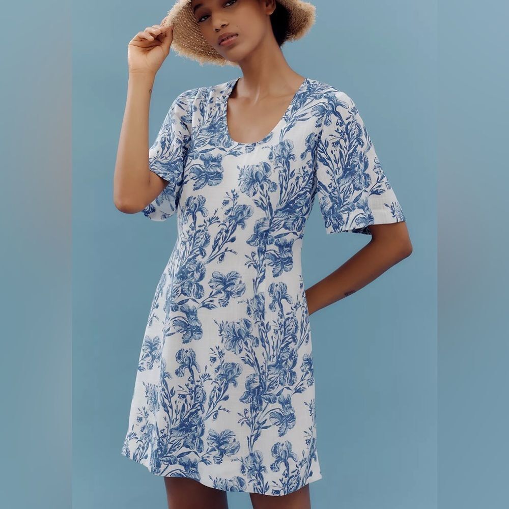 Anthropologie Porridge Short-Sleeve Crew-Neck Linen Printed Mini Dress NWT